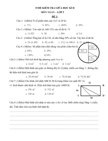 10 Đề kiểm tra Toán Lớp 5 giữa học kì II