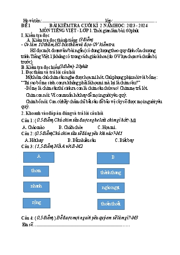 3 Đề kiểm tra Tiếng Việt Lớp 1 cuối học kì II - Năm học 2023-2024