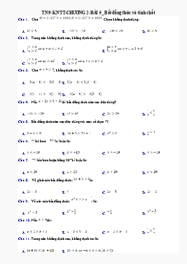 Bài tập ôn tập Toán Lớp 9 (Kết nối tri thức) - Chương 2, Bài 5: Bất đẳng thức và tính chất