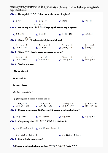 Bài tập ôn tập Toán Lớp 9 (Kết nối tri thức) - Chương I, Bài 1: Khái niệm phương trình và hệ 2 phương trình