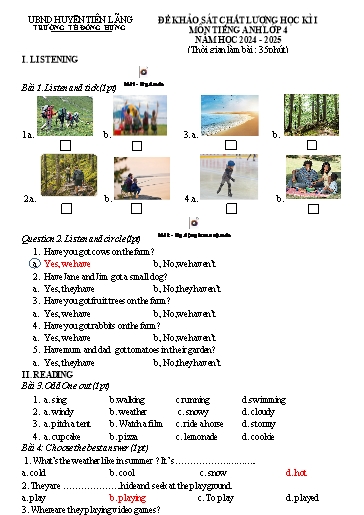 Đề khảo sát chất lượng Tiếng Anh Lớp 4 - Học kì I - Năm học 2024-2025 - Trường Tiểu học Đông Hưng (Có đáp án)