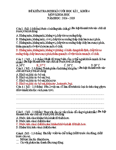 Đề kiểm tra Khoa học 4 cuối học kì I - Năm học 2024-2025 - Trường Tiểu học Đông Hưng (Có đáp án)