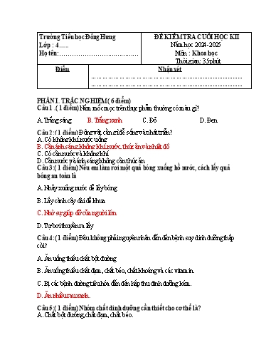 Đề kiểm tra Khoa học 4 cuối học kì II - Năm học 2024-2025 - Trường Tiểu học Đông Hưng (Có đáp án)