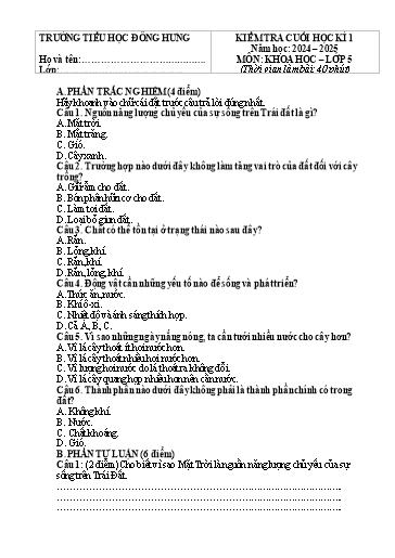 Đề kiểm tra Khoa học 5 cuối học kì I - Năm học 2024-2025 - Trường Tiểu học Đông Hưng