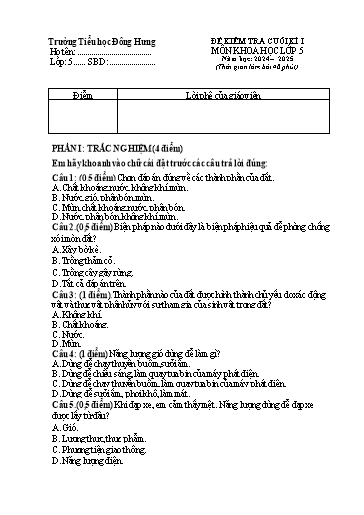 Đề kiểm tra Khoa học Khối 5 cuối học kì I - Năm học 2024-2025 - Trường Tiểu học Đông Hưng
