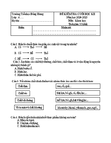 Đề kiểm tra Khoa học Lớp 4 cuối học kì II - Năm học 2024-2025 - Trường Tiểu học Đông Hưng (Có đáp án)