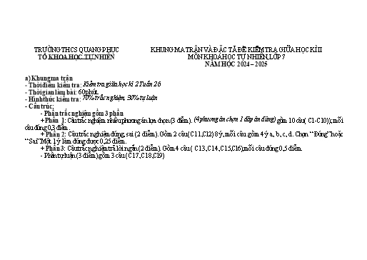 Đề kiểm tra Khoa học tự nhiên Lớp 7 giữa học kì II - Năm học 2024-2025 - Trường THCS Quang Phục (Có đáp án + Ma trận)