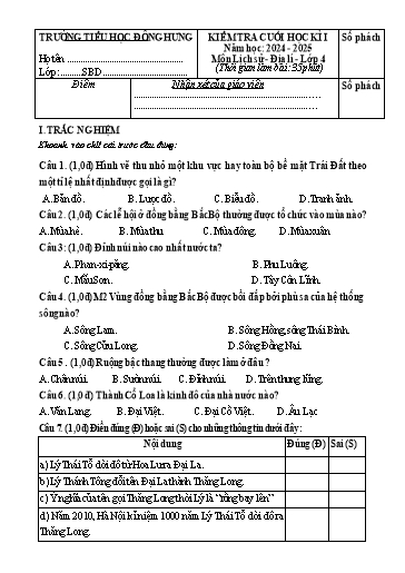 Đề kiểm tra Lịch sử và Địa lí Lớp 4 cuối học kì I - Năm học 2024-2025 - Trường Tiểu học Đông Hưng (Có đáp án)