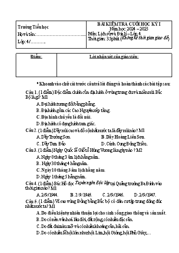 Đề kiểm tra Lịch sử và Địa lí Lớp 4 cuối học kì I - Năm học 2024-2025 (Có đáp án)