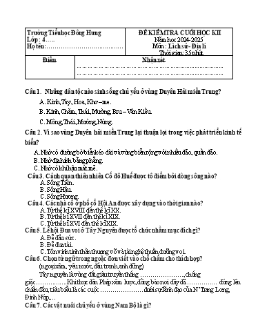 Đề kiểm tra Lịch sử và Địa lí Lớp 4 cuối học kì II - Năm học 2024-2025 - Trường Tiểu học Đông Hưng (Có đáp án)