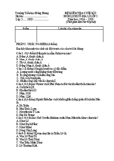 Đề kiểm tra Lịch sử và Địa lí Lớp 5 cuối học kì I - Năm học 2024-2025 - Trường Tiểu học Đông Hưng