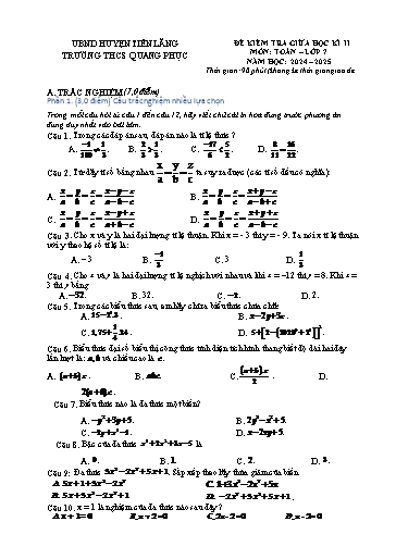 Đề kiểm tra môn Toán 7 giữa học kì II - Năm học 2024-2025 - Trường THCS Quang Phục