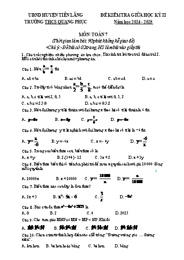 Đề kiểm tra môn Toán Lớp 7 giữa học kì II - Năm học 2024-2025 - Trường THCS Quang Phục