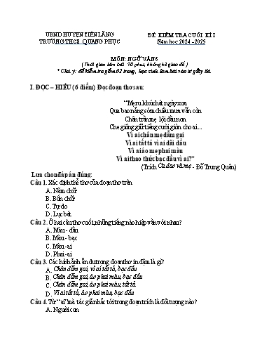 Đề kiểm tra Ngữ Văn 6 cuối học kì I - Năm học 2024-2025 - Trường THCS Quang Phục