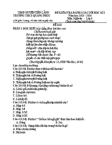 Đề kiểm tra Ngữ Văn 8 cuối học kì I - Năm học 2023-2024 - Trường THCS Quang Phục