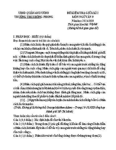 Đề kiểm tra Ngữ Văn Lớp 9 giữa học kì II - Năm học 2024-2025 - Trường THCS Hồng Phong (Có đáp án)