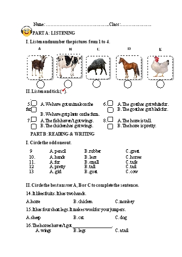 Đề kiểm tra Tiếng Anh 4 (Test 1)