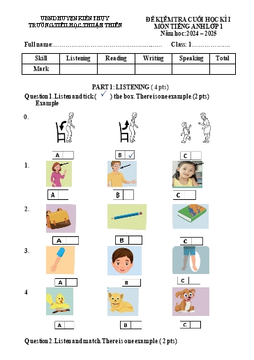 Đề kiểm tra Tiếng Anh Lớp 1 cuối học kì I - Năm học 2024-2025 - Trường Tiểu học Thuận Thiên (Có đáp án + Ma trận)