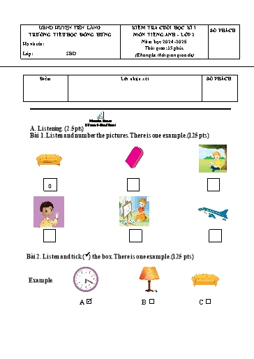 Đề kiểm tra Tiếng Anh Lớp 2 cuối học kì I - Năm học 2024-2025 - Trường Tiểu học Đông Hưng (Có đáp án)