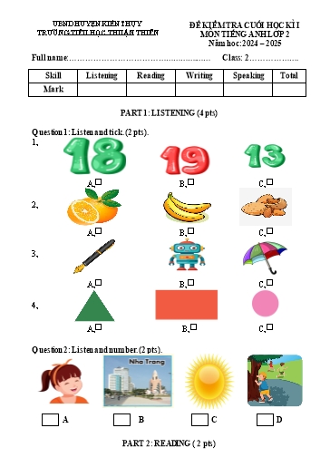 Đề kiểm tra Tiếng Anh Lớp 2 cuối học kì I - Năm học 2024-2025 - Trường Tiểu học Thuận Thiên (Có đáp án + Ma trận)