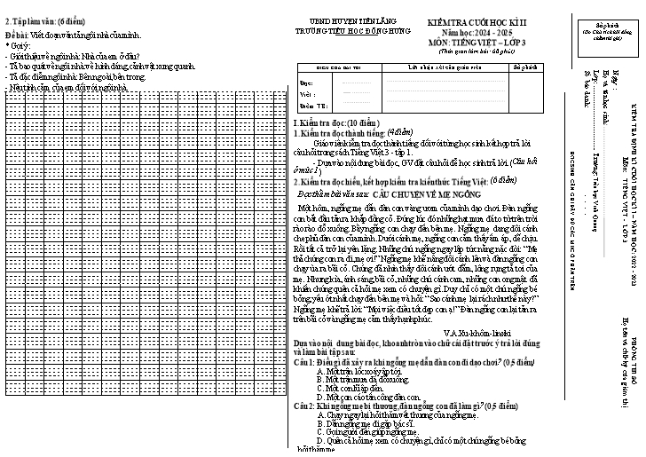 Đề kiểm tra Tiếng Việt 3 cuối học kì II - Năm học 2024-2025 - Trường Tiểu học Đông Hưng