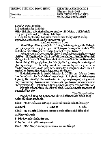 Đề kiểm tra Tiếng Việt 5 cuối học kì I - Năm học 2024-2025 - Trường Tiểu học Đông Hưng