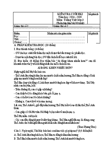 Đề kiểm tra Tiếng Việt Lớp 3 cuối học kì I - Năm học 2024-2025 (Có đáp án + Ma trận)