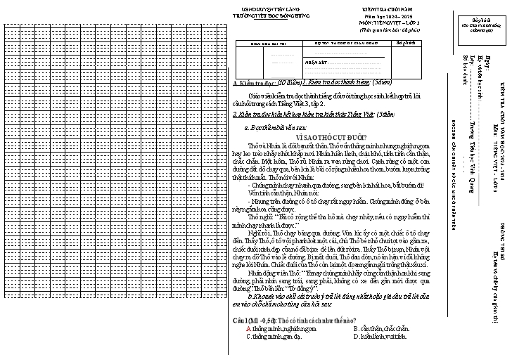 Đề kiểm tra Tiếng Việt Lớp 3 - Năm học 2024-2025 - Trường Tiểu học Đông Hưng (Có ma trận)