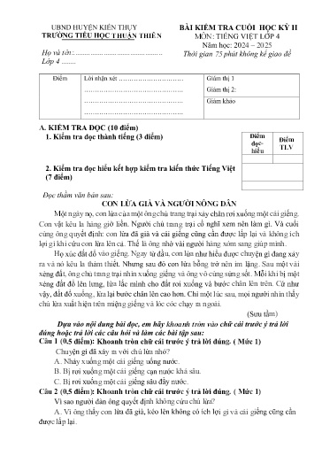 Đề kiểm tra Tiếng Việt Lớp 4 cuối học kì II - Năm học 2024-2025 - Trường Tiểu học Thuận Thiên
