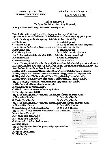 Đề kiểm tra Tin học Lớp 8 giữa học kì I - Năm học 2024-2025 - Trường Tiểu Học Quang Phục
