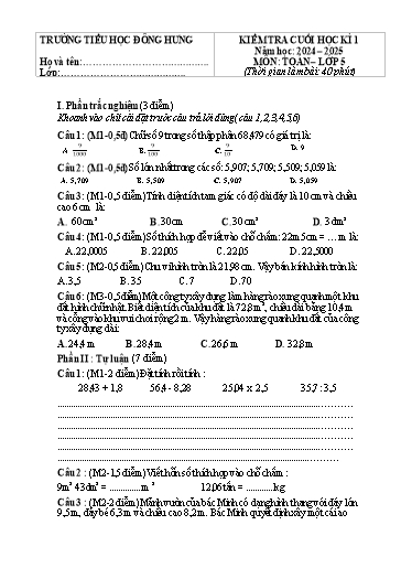 Đề kiểm tra Toán 5 cuối học kì I - Năm học 2024-2025 - Trường Tiểu học Đông Hưng