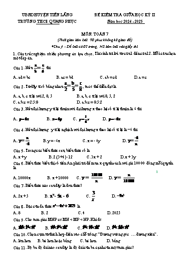 Đề kiểm tra Toán 7 giữa học kì II - Năm học 2024-2025 - Trường THCS Quang Phục (Có đáp án)