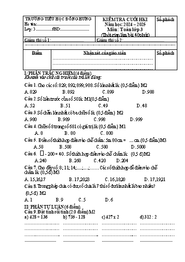Đề kiểm tra Toán Lớp 3 cuối học kì I - Năm học 2024-2025 - Trường Tiểu học Đông Hưng (Có đáp án + Ma trận)