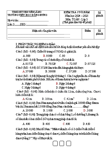 Đề kiểm tra Toán Lớp 3 - Năm học 2024-2025 - Trường Tiểu học Đông Hưng (Có đáp án + Ma trận)