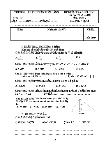 Đề kiểm tra Toán Lớp 5 cuối học kì I - Năm học 2024-2025 - Trường Tiểu học Thị trấn Tiên Lãng (Có đáp án)