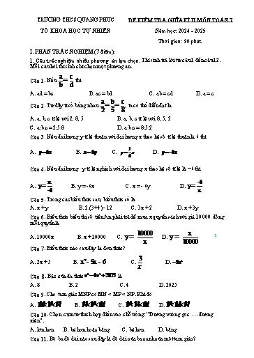 Đề kiểm tra Toán Lớp 7 giữa học kì II - Năm học 2024-2025 - Trường THCS Quang Phục (Có đáp án + Ma trận)
