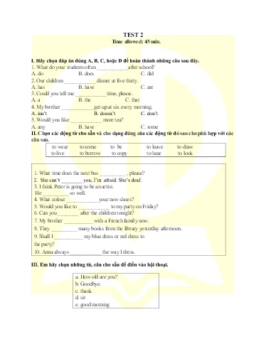 Đề luyện thi Tiếng Anh vào Lớp 6 - Test 2 (Có đáp án)