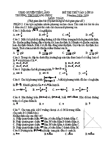 Đề thi Toán Lớp 9 - Đề số 3 - Năm học 2024-2025 - Trường THCS Quang Phục (Có đáp án)