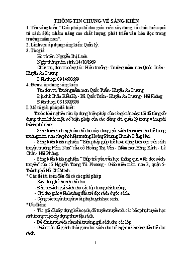 Giải pháp chỉ đạo giáo viên xây dựng, tổ chức hiệu quả tủ sách 50k, nhằm nâng cao chất lượng, phát triển văn hóa đọc trong trường mầm non - Nguyễn Thị Lanh