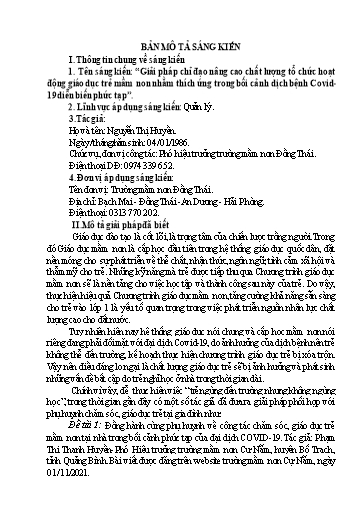Giải pháp chỉ đạo nâng cao chất lượng tổ chức hoạt động giáo dục trẻ mầm non nhằm thích ứng trong bối cảnh dịch bệnh Covid-19 diễn biến phức tạp - Nguyễn Thị Huyền