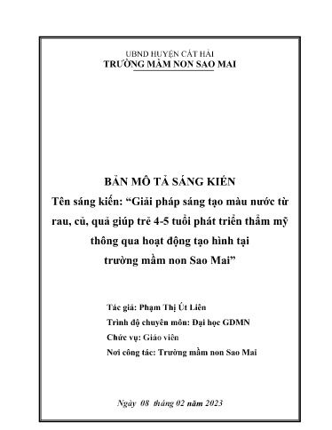 Giải pháp sáng tạo màu nước từ rau, củ, quả giúp trẻ 4-5 tuổi phát triển thẩm mỹ thông qua hoạt động tạo hình tại trường mầm non Sao Mai - Phạm Thị Út Liên