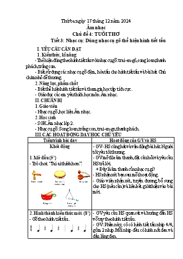 Giáo án Âm nhạc Lớp 2 (Kết nối tri thức) - Chủ đề 4: Tuổi thơ - Tiết 3: Nhạc cụ Dùng nhạc cụ gõ thể hiện tiết tấu - Năm học 2024-2025 - Phạm Thị Huyền