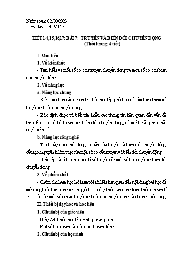 Giáo án Công nghệ Lớp 8 (Kết nối tri thức) - Tiết 14 đến 17, Bài 7: Truyền và biến đổi chuyển động