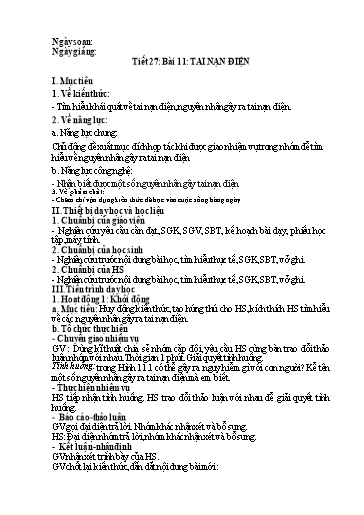 Giáo án Công nghệ Lớp 8 (Kết nối tri thức) - Tiết 27, Bài 11: Tai nạn điện