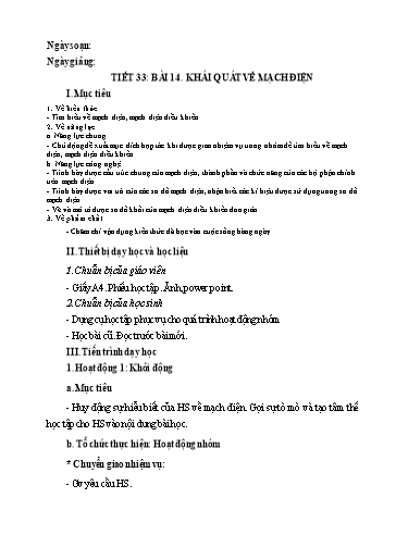 Giáo án Công nghệ Lớp 8 (Kết nối tri thức) - Tiết 33, Bài 14: Khái quát về mạch điện