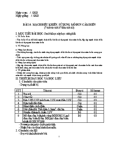 Giáo án Công nghệ Lớp 8 (Kết nối tri thức) - Tiết 37 đến 43, Bài 16: Mạch điều khiển sử dụng mô đun cảm biến