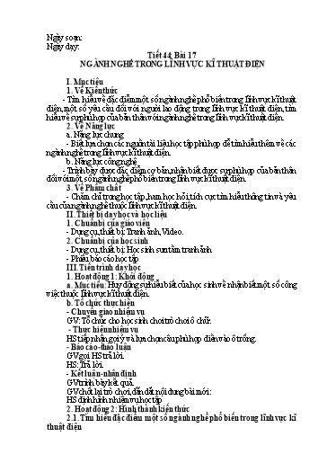 Giáo án Công nghệ Lớp 8 (Kết nối tri thức) - Tiết 44, Bài 17: Ngành nghề trong lĩnh vực kĩ thuật điện