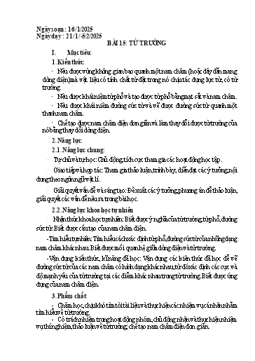 Giáo án Khoa học tự nhiên Lớp 7 (Cánh diều) - Bài 15: Từ trường - Năm học 2024-2025