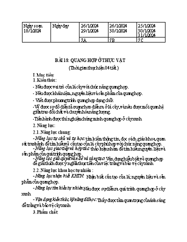Giáo án Khoa học tự nhiên Lớp 7 (Cánh diều) - Bài 18: Quang hợp ở thực vật