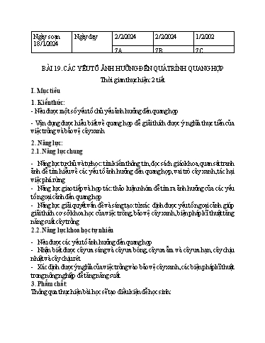 Giáo án Khoa học tự nhiên Lớp 7 (Cánh diều) - Bài 19: Các yếu tố ảnh hưởng đến quá trình quang hợp - Năm học 2023-2024
